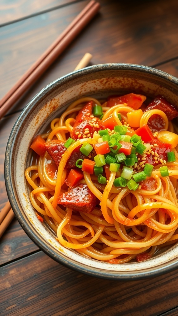 A bowl of spicy noodles with mixed vegetables, garnished with green onions and sesame seeds, on a wooden table.